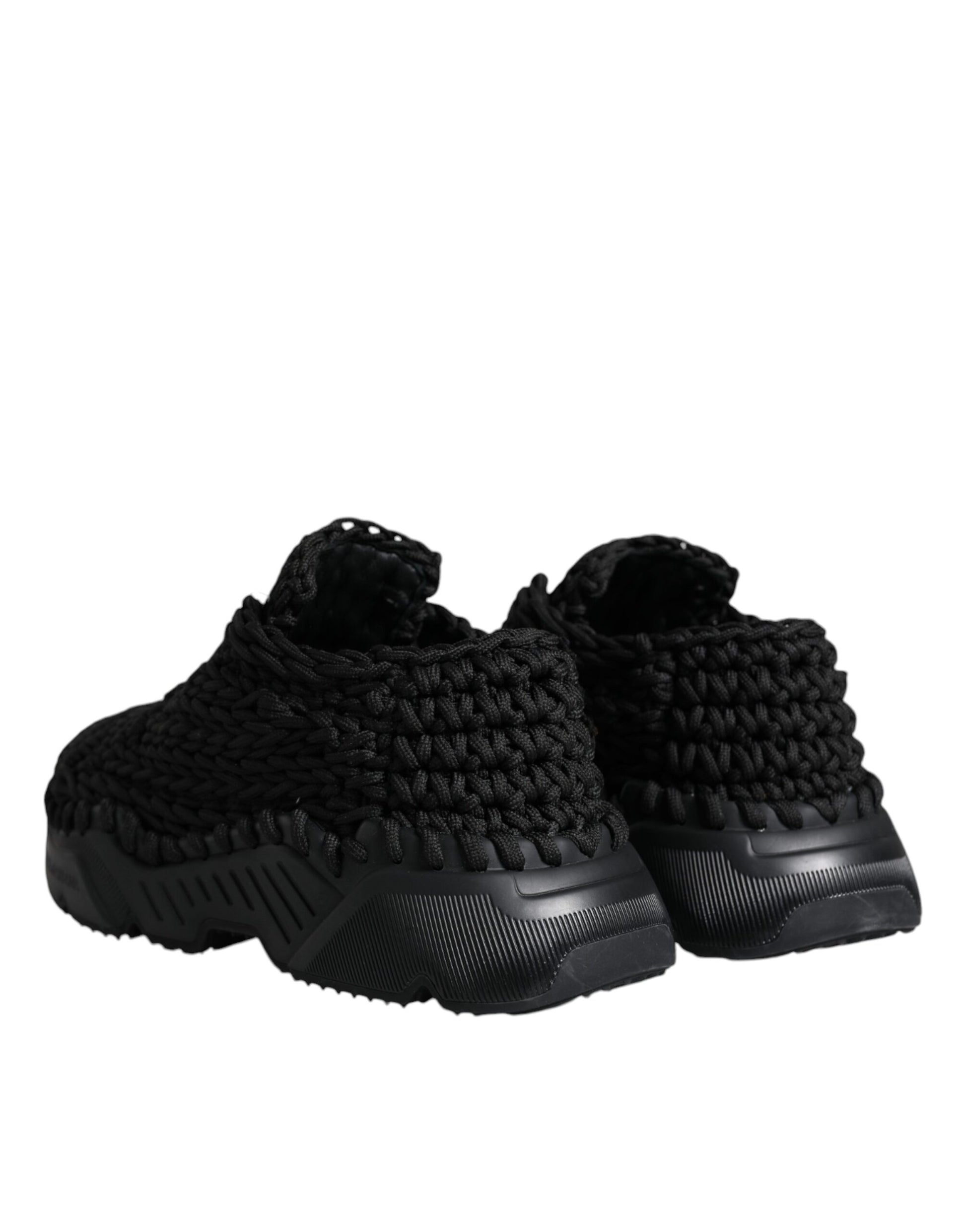 Pair of black sneakers with a knit texture and a high top design
