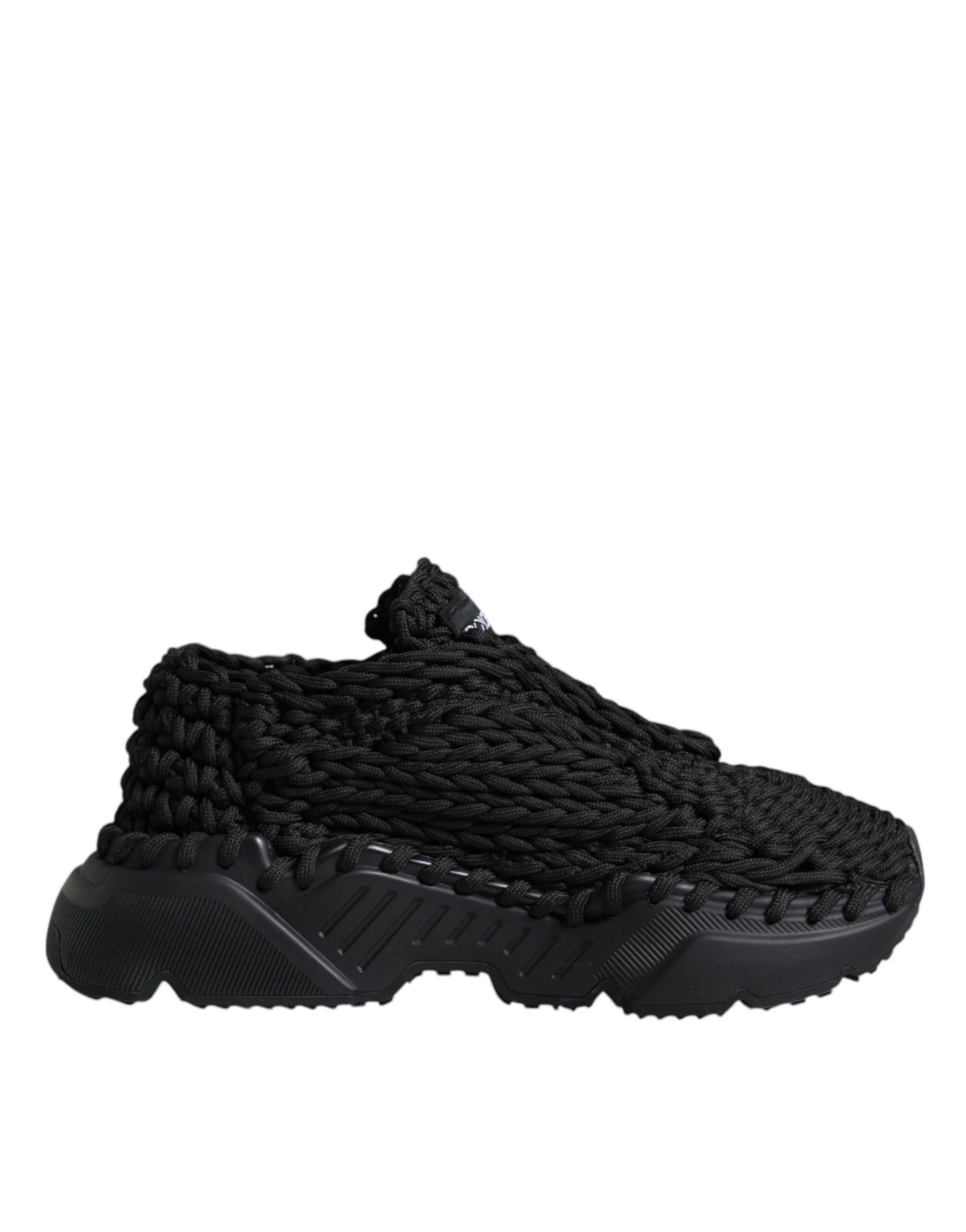 Black shoe with a knit texture and black laces