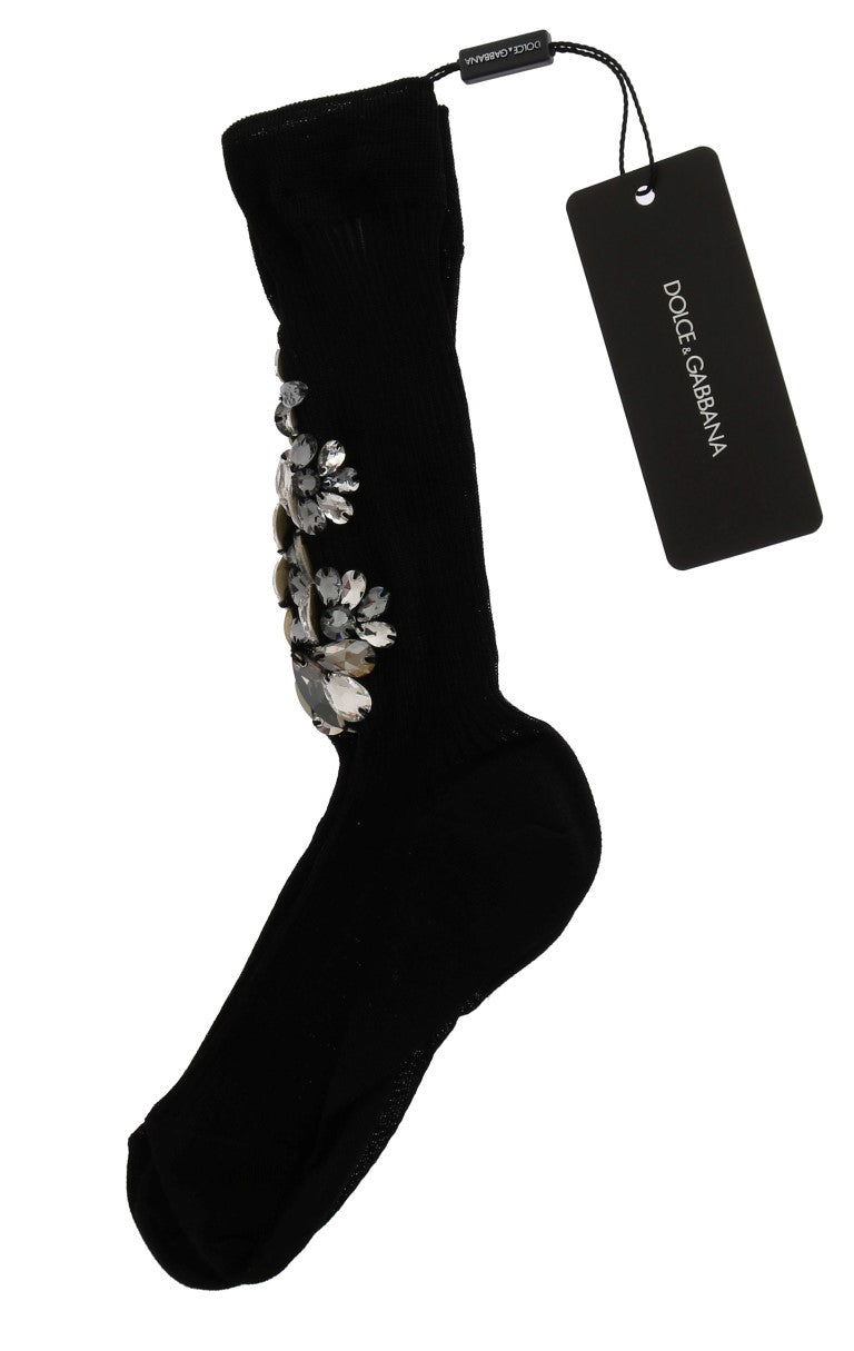Black sock with floral embroidery on top