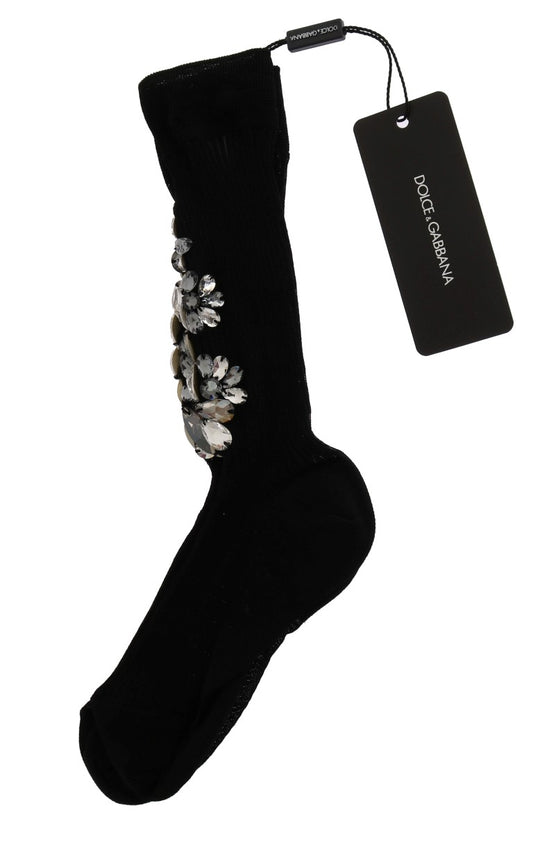 Black sock with floral embroidery on top