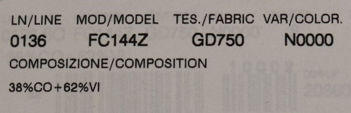 A label on a fabric item with various codes and descriptions such as "LN LINE," "MOD/MODEL," "TEX/S," "FABRIC