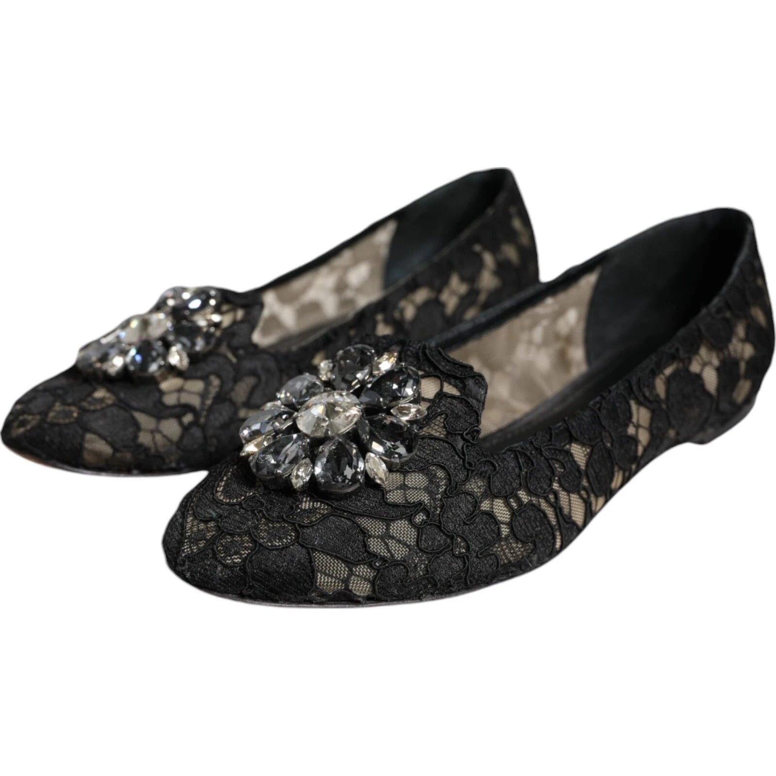 Pair of black lace shoes with sparkly embellishments on toes