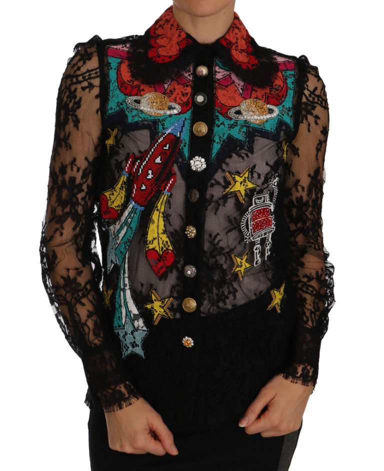 Black lace top with colorful embroidery on front