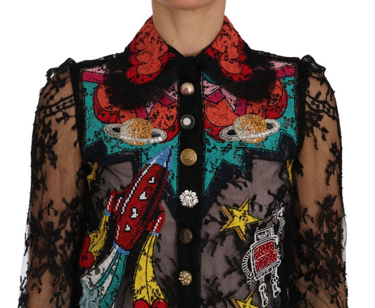Black lace jacket with colorful embroidery featuring stars, planets, and rockets
