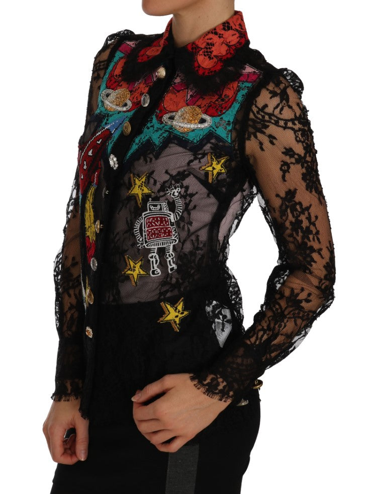 Black lace top with colorful embroidery on front