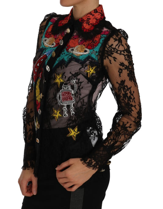 Black lace top with colorful embroidery on front