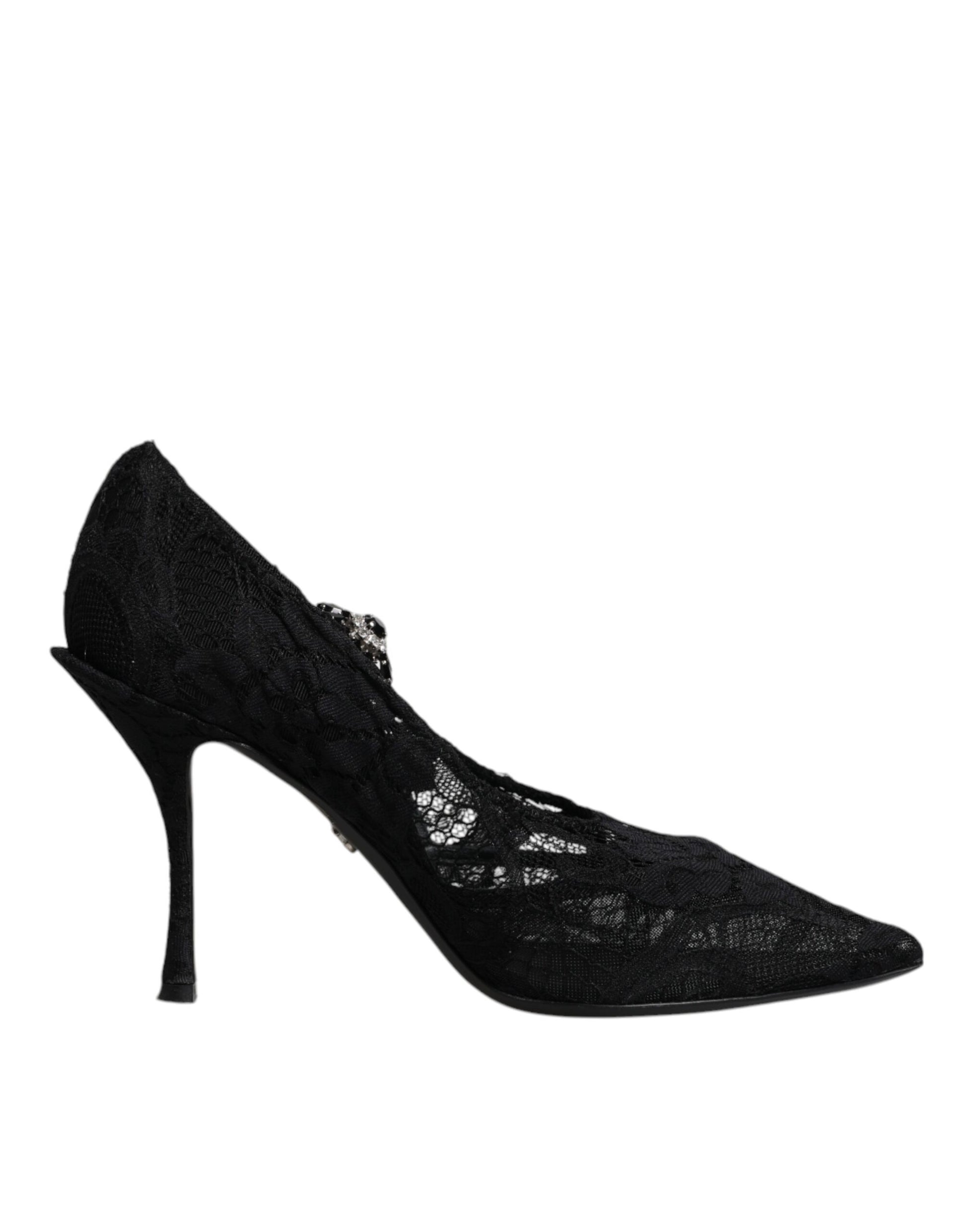 Black high heel shoe with embroidered design on toe