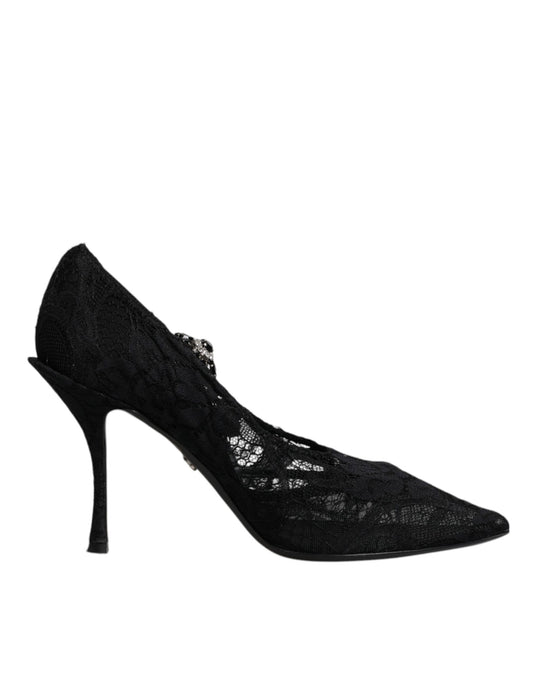 Black high heel shoe with embroidered design on toe