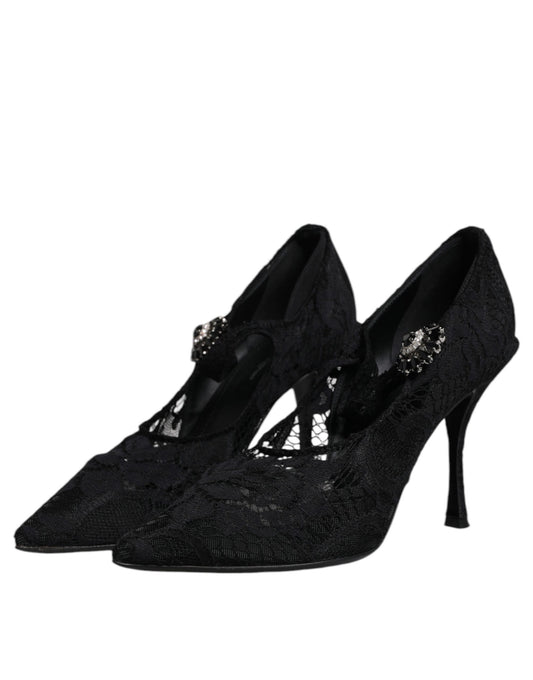 Pair of black high heel shoes with embellishments on toes