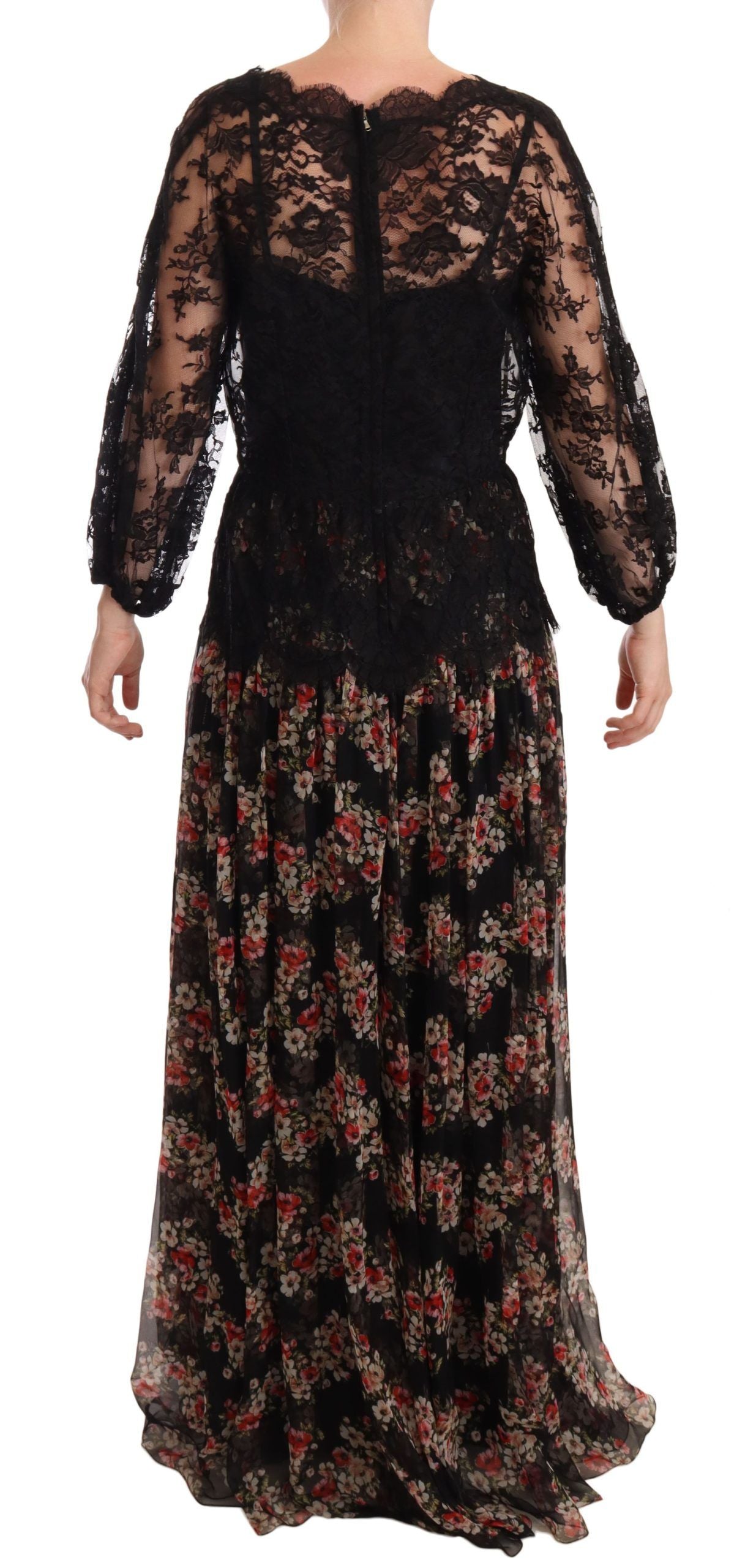 Long black lace dress with floral print and polka dots, maxi length