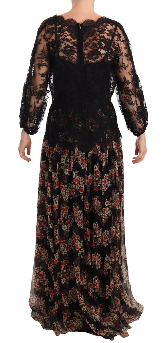 Long black lace dress with floral print and polka dots, maxi length