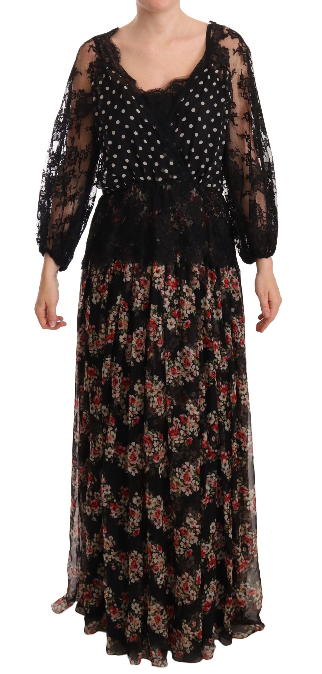 Long black lace dress with floral print and polka dots, worn by a model