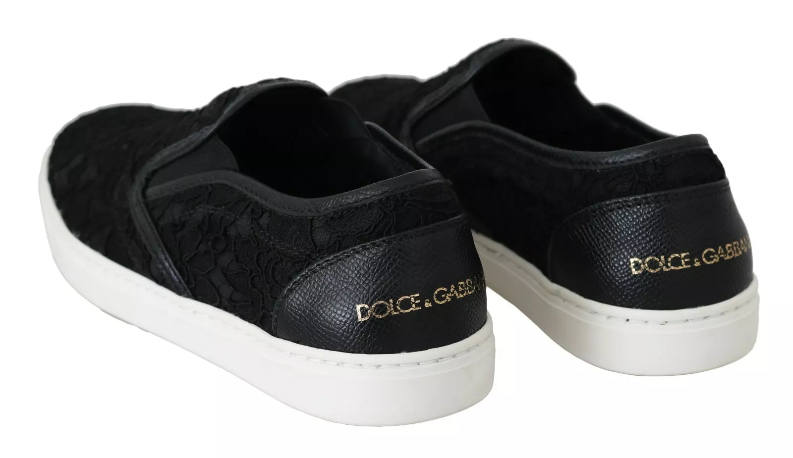 Pair of black lace-up slip-on shoes with gold logo