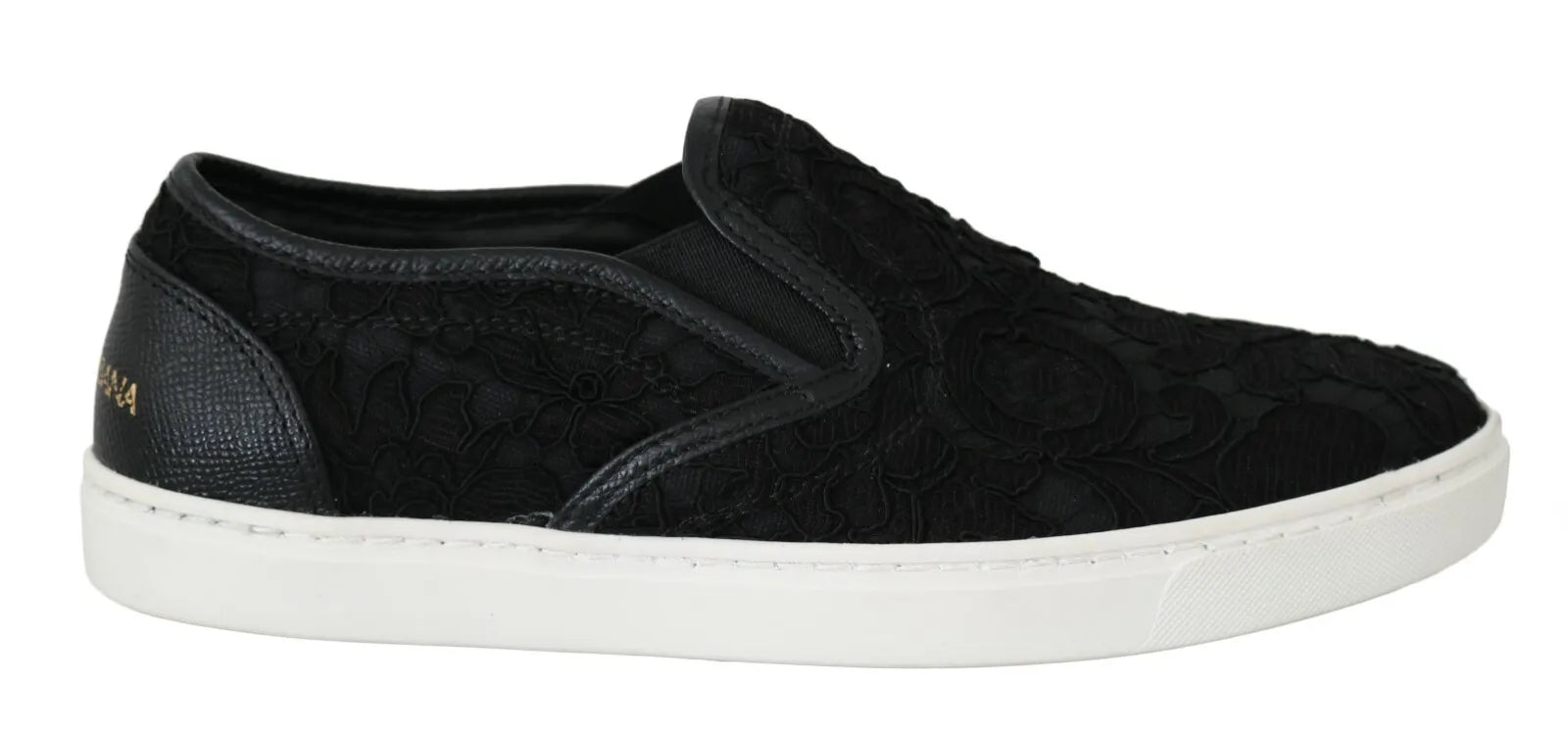 A pair of black lace-up slip-on shoes with a logo on the side