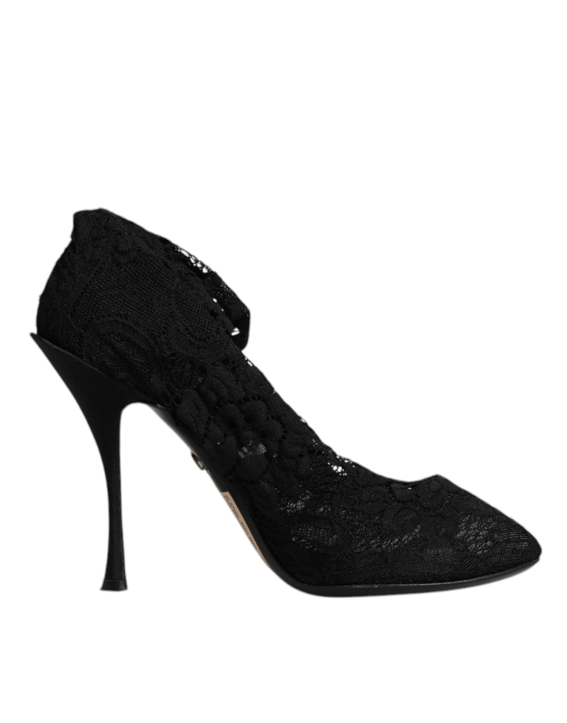 Black high heel shoe with embroidered design on toe