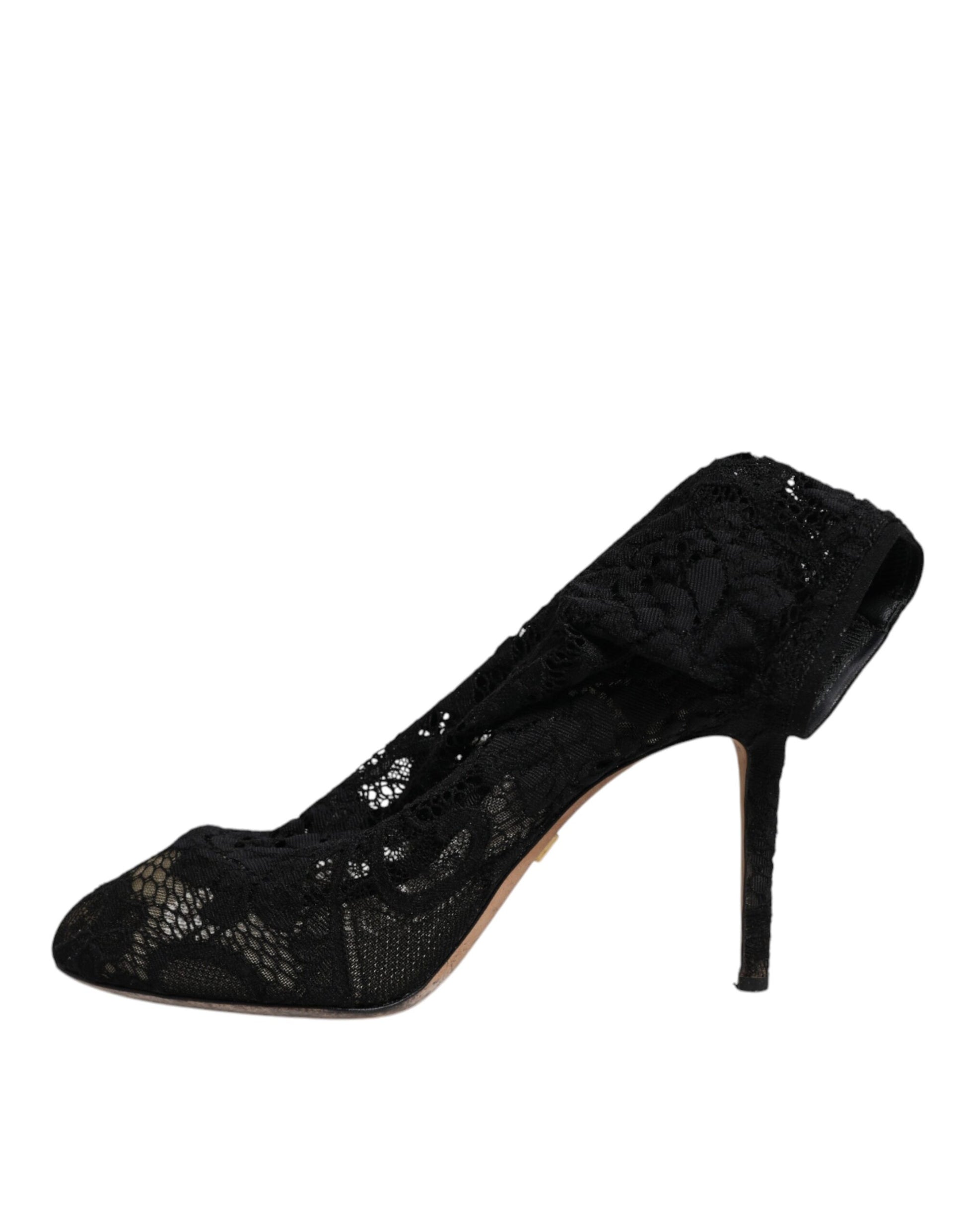 Black high heel shoe with lace design on toe