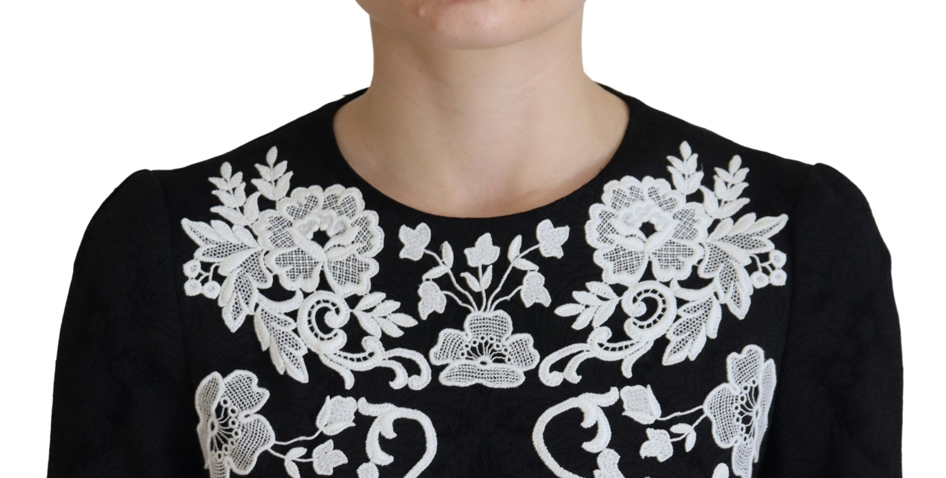 Black lace trimmed half sleeve dress with floral embroidery
