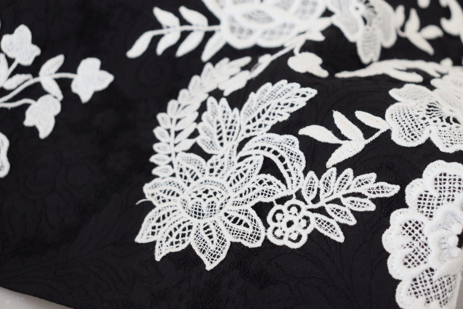 A black dress with lace trim on the sleeves and bodice. It is an A-line style, featuring half sleeves and a l