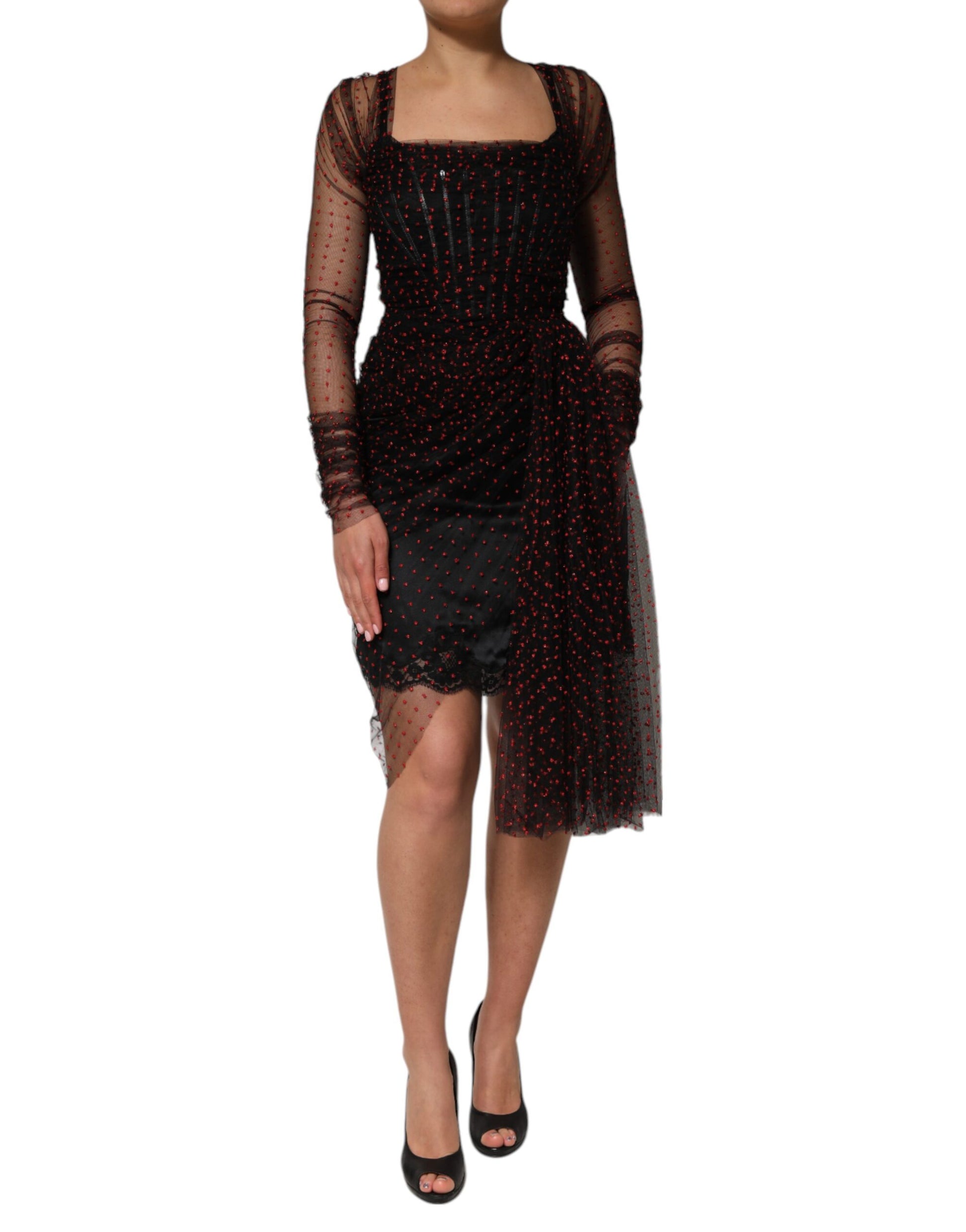 A black lace trim long sleeve sheath mini dress with a high neckline