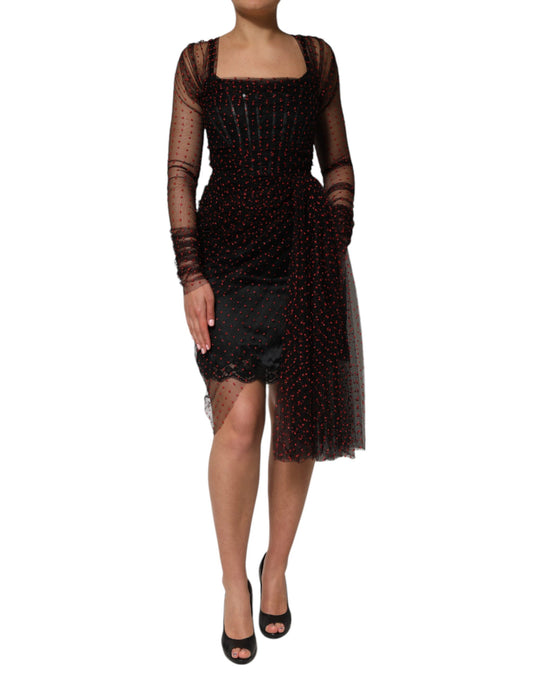 A black lace trim long sleeve sheath mini dress with a high neckline