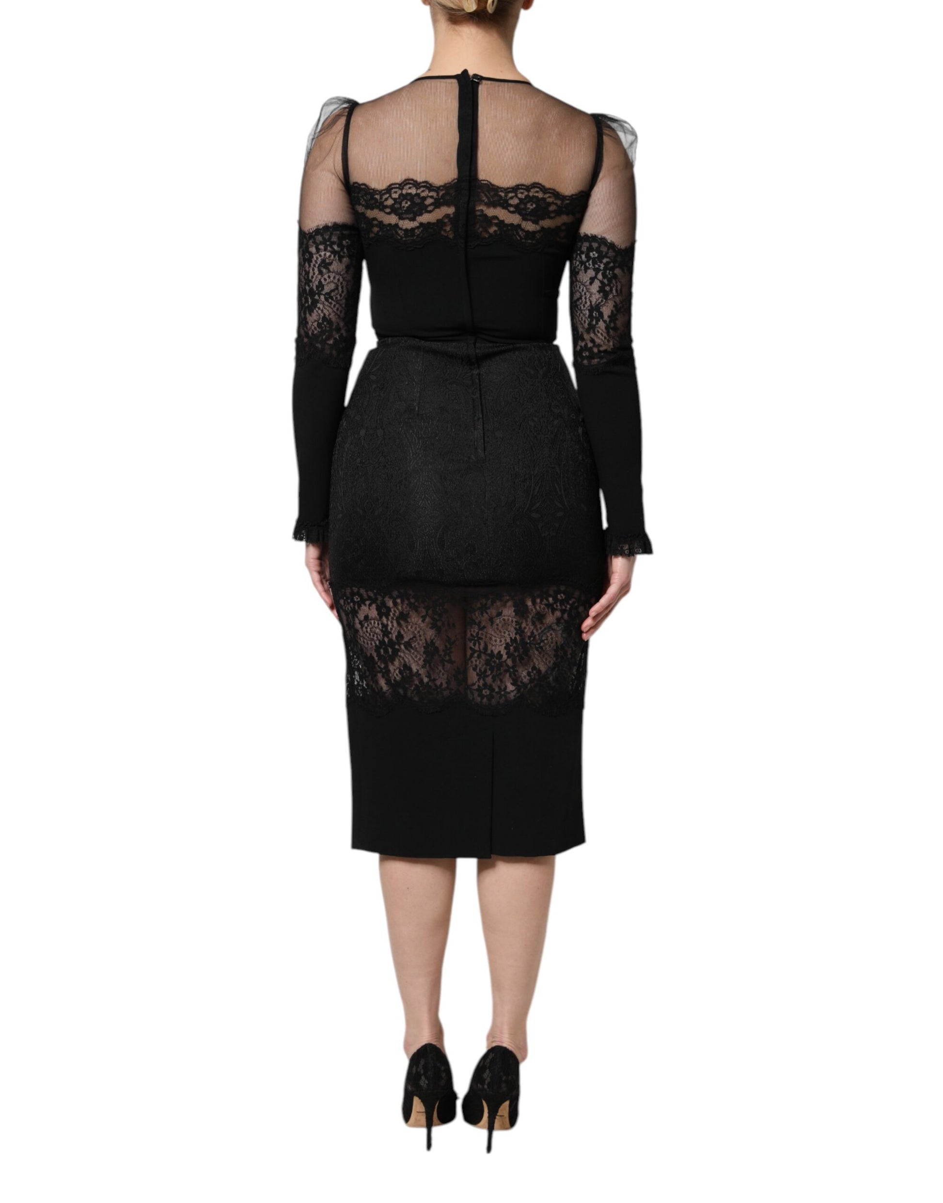 A black lace trim nylon tulle sheath midi dress