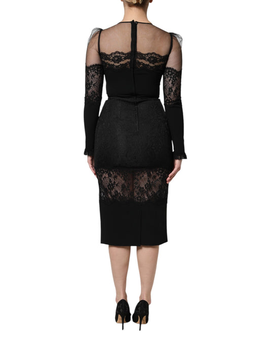 A black lace trim nylon tulle sheath midi dress