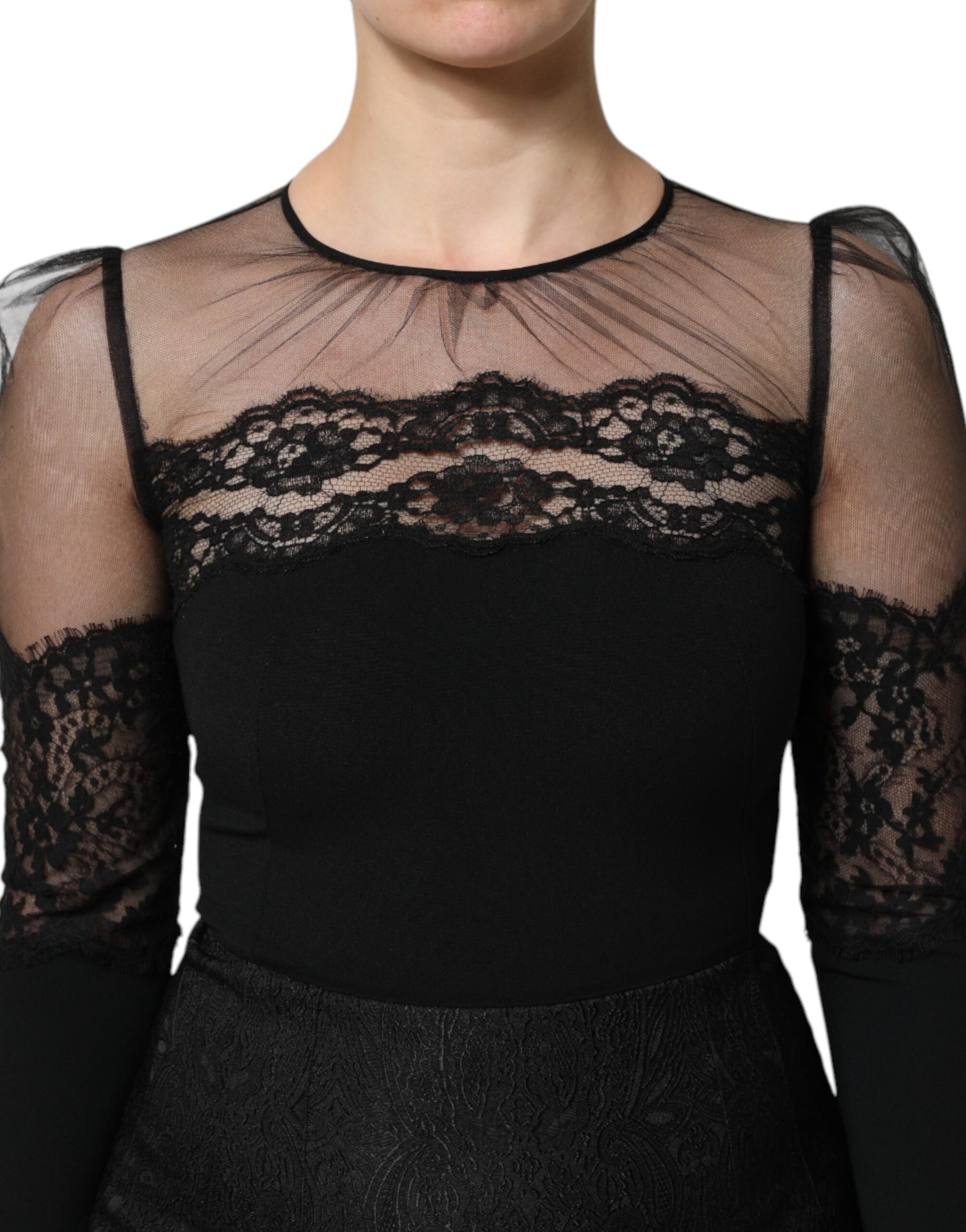 A black lace trim nylon tulle sheath midi dress