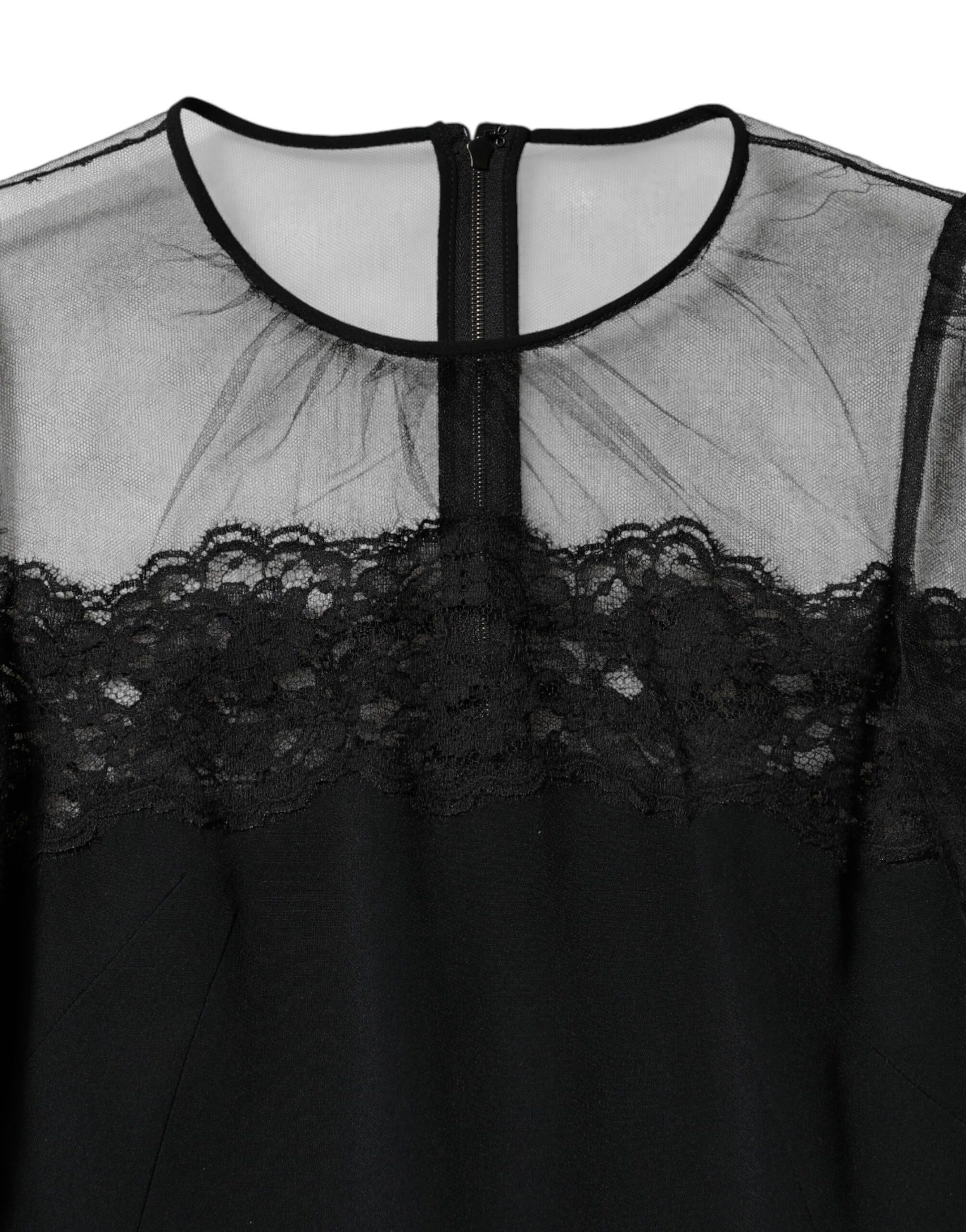 A black lace trim nylon tulle sheath midi dress