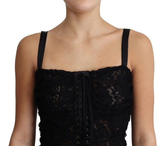 A black lace up corset bustier dress with floral pattern