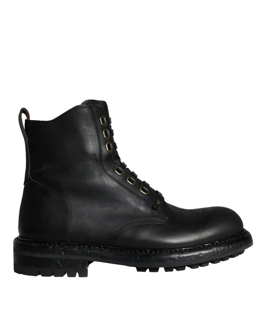 Black leather work boot with laces and a thick sole
