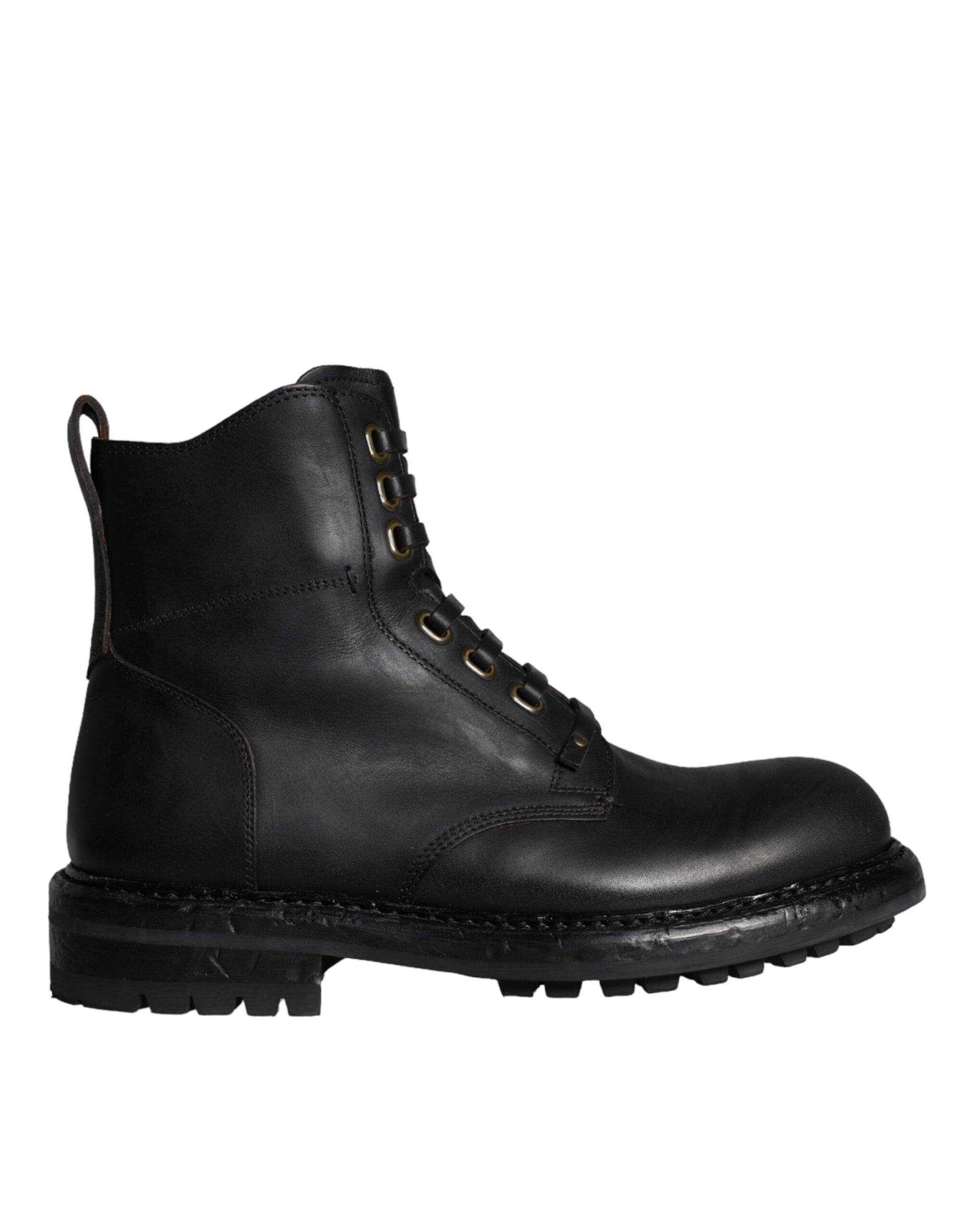 Black leather work boot with laces and rubber sole