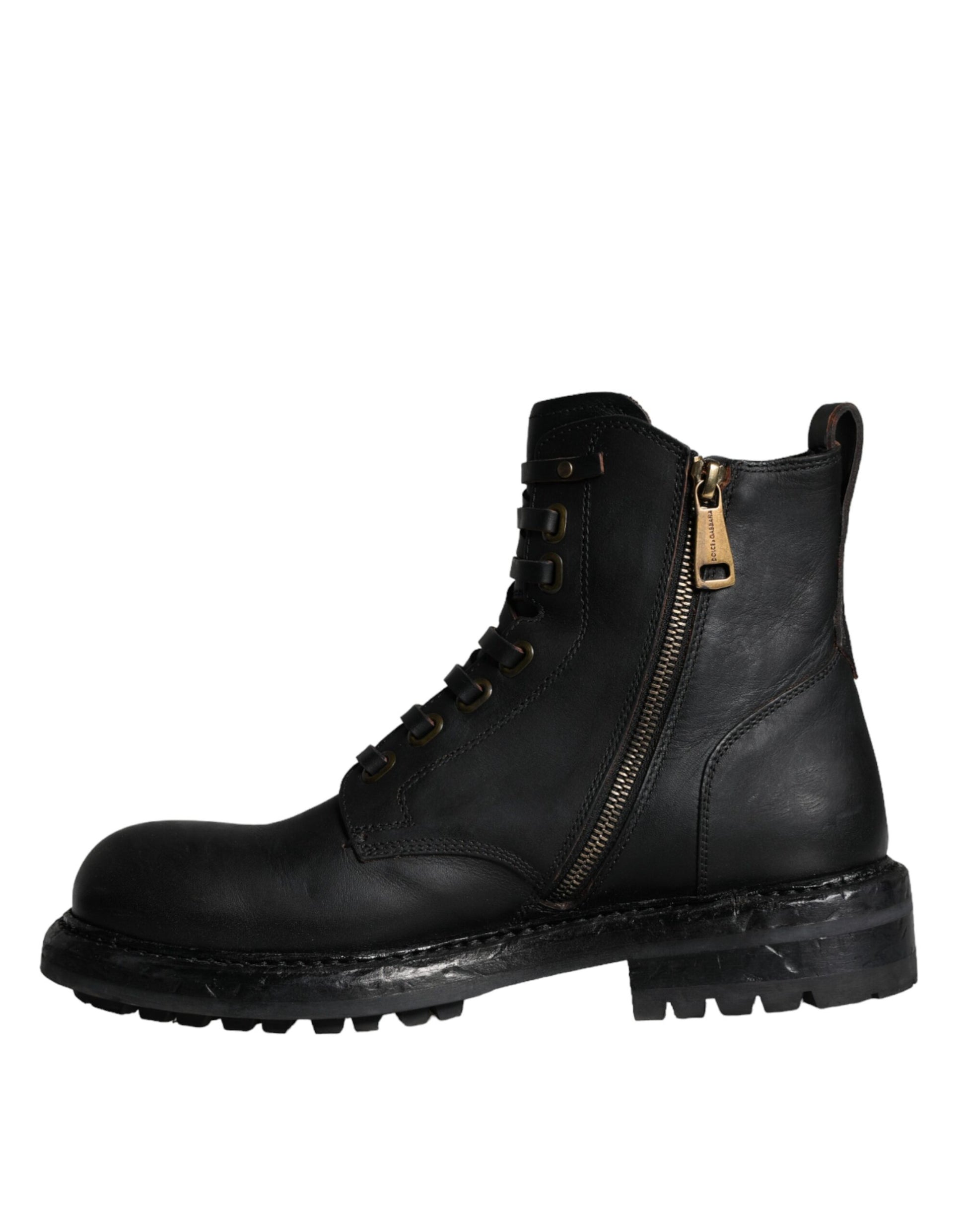 Black leather work boot with laces and zipper closure