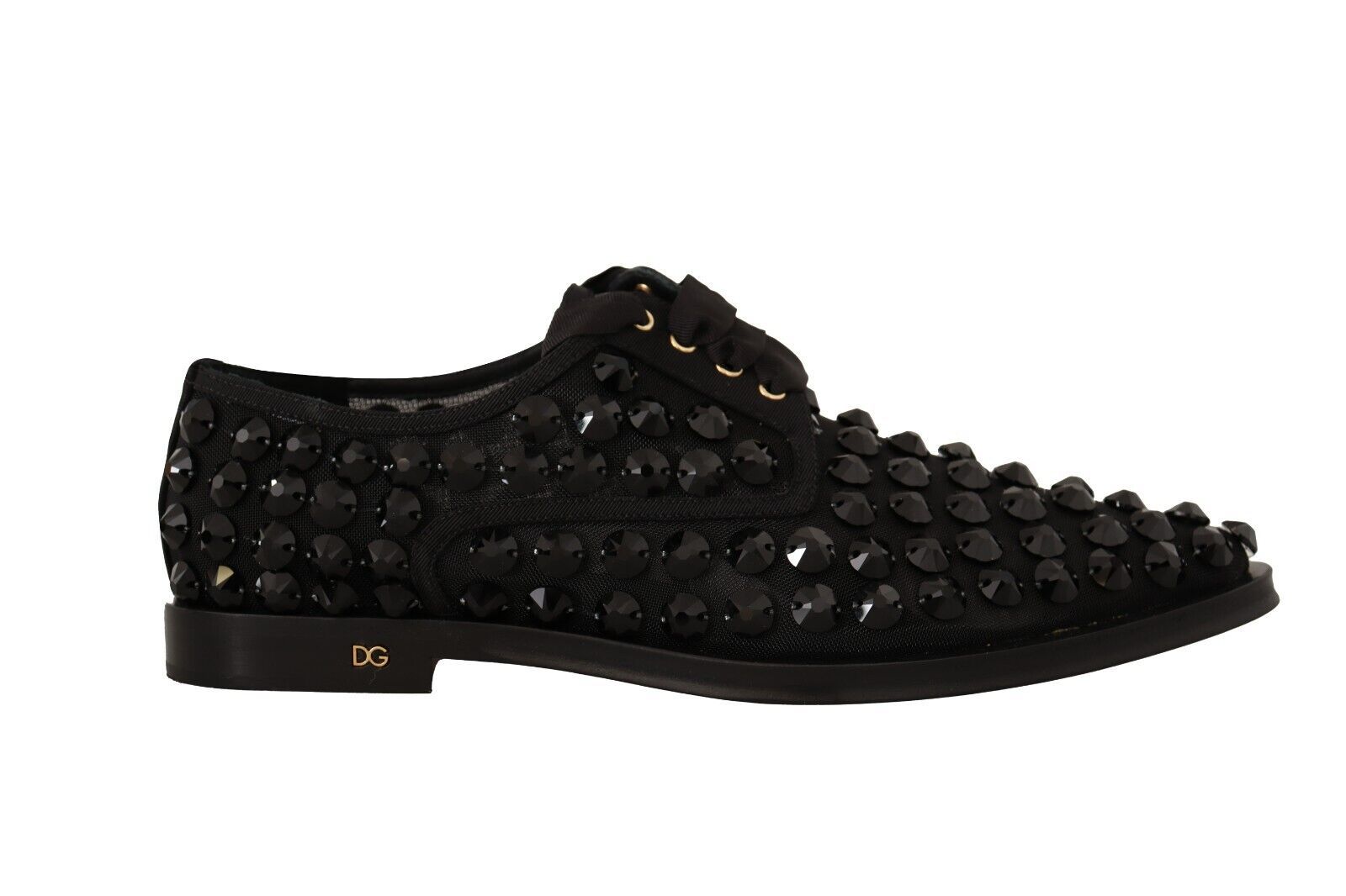 Black glittery women's shoe with gold accents and a chunky heel