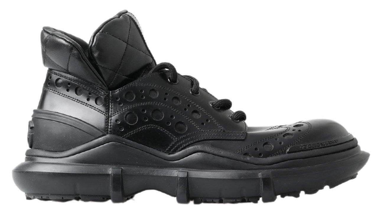 Black leather work boot with laces and a pull tab on top