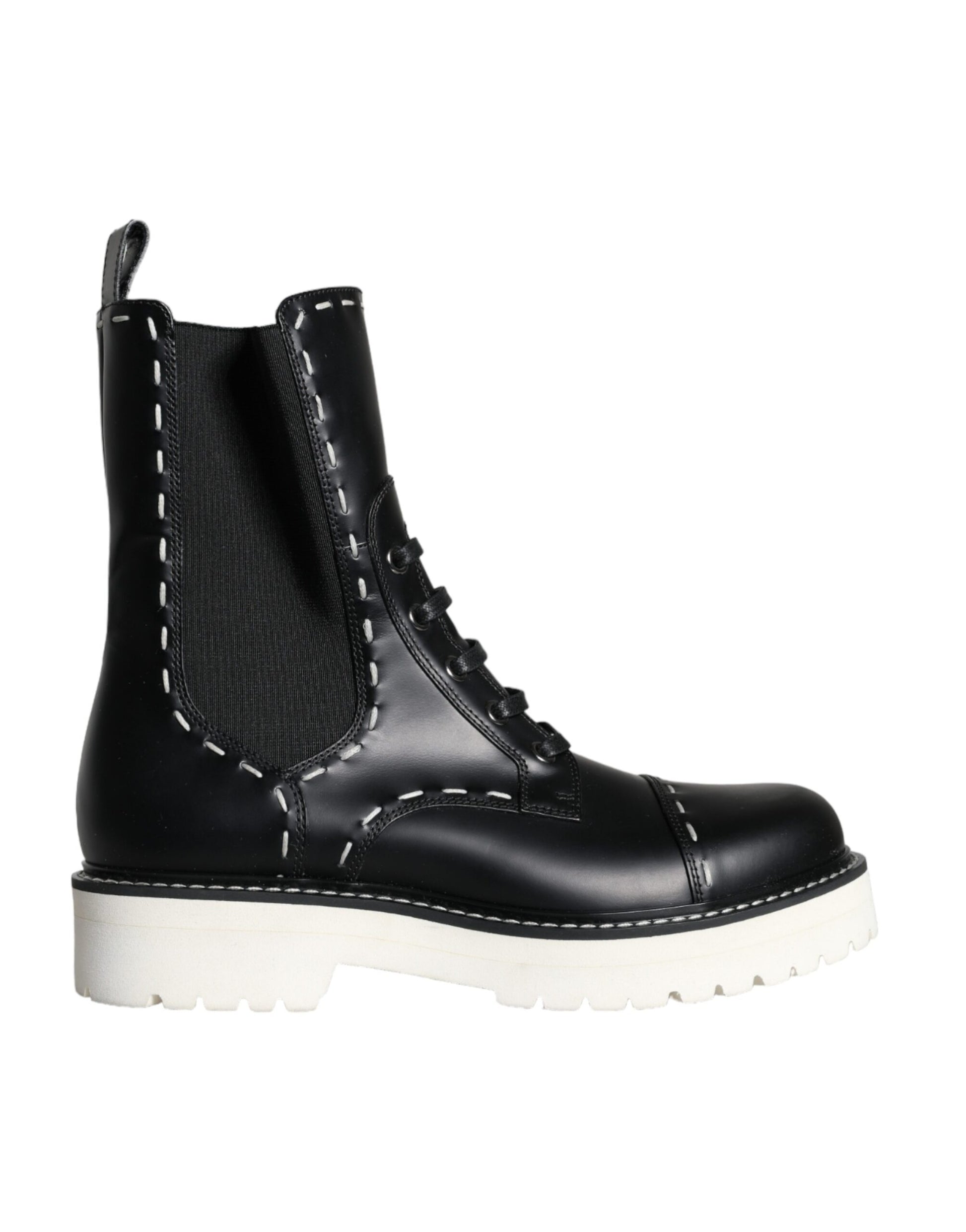 Black leather boot with laces and a thick sole