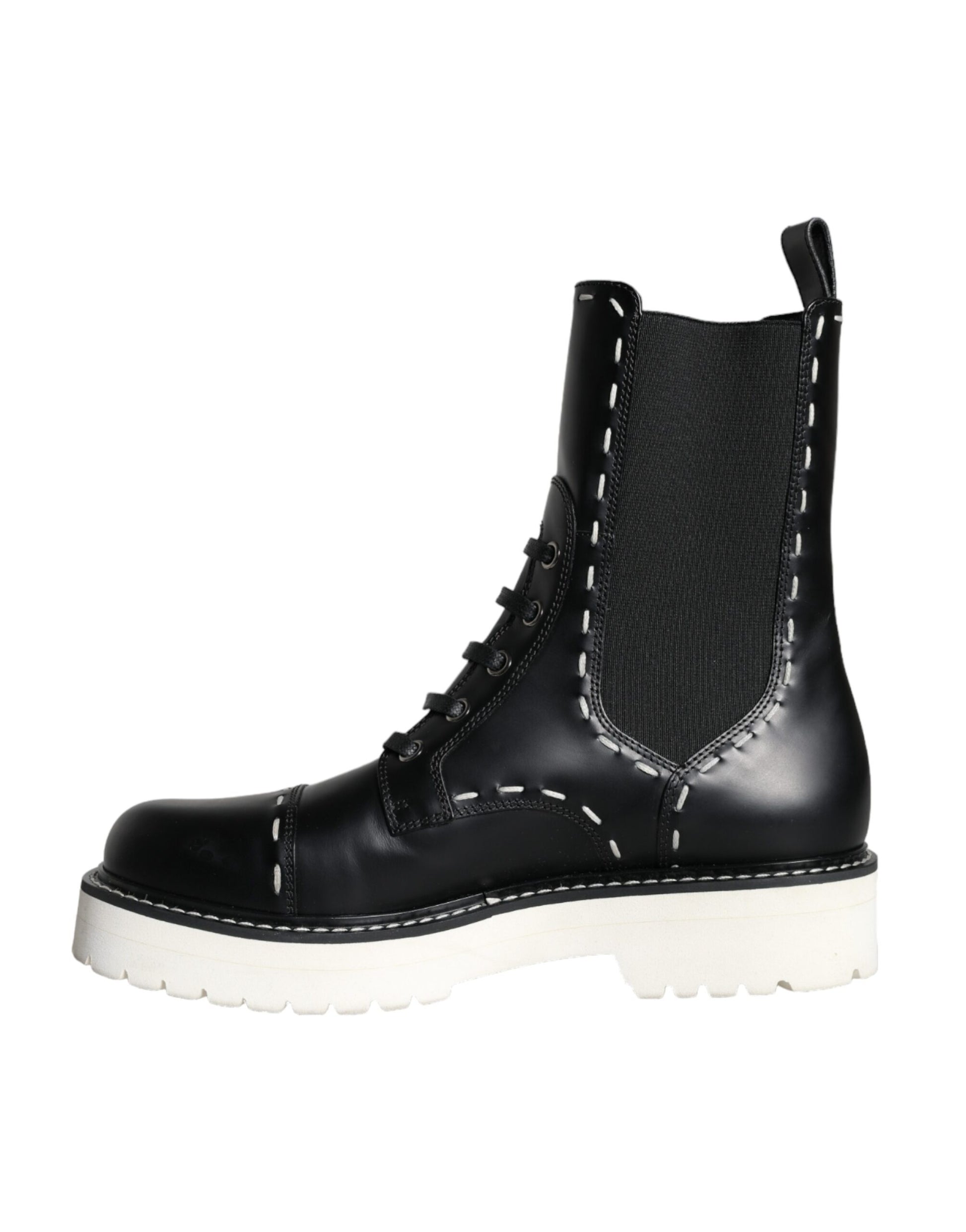 Black leather boot with laces and a thick sole