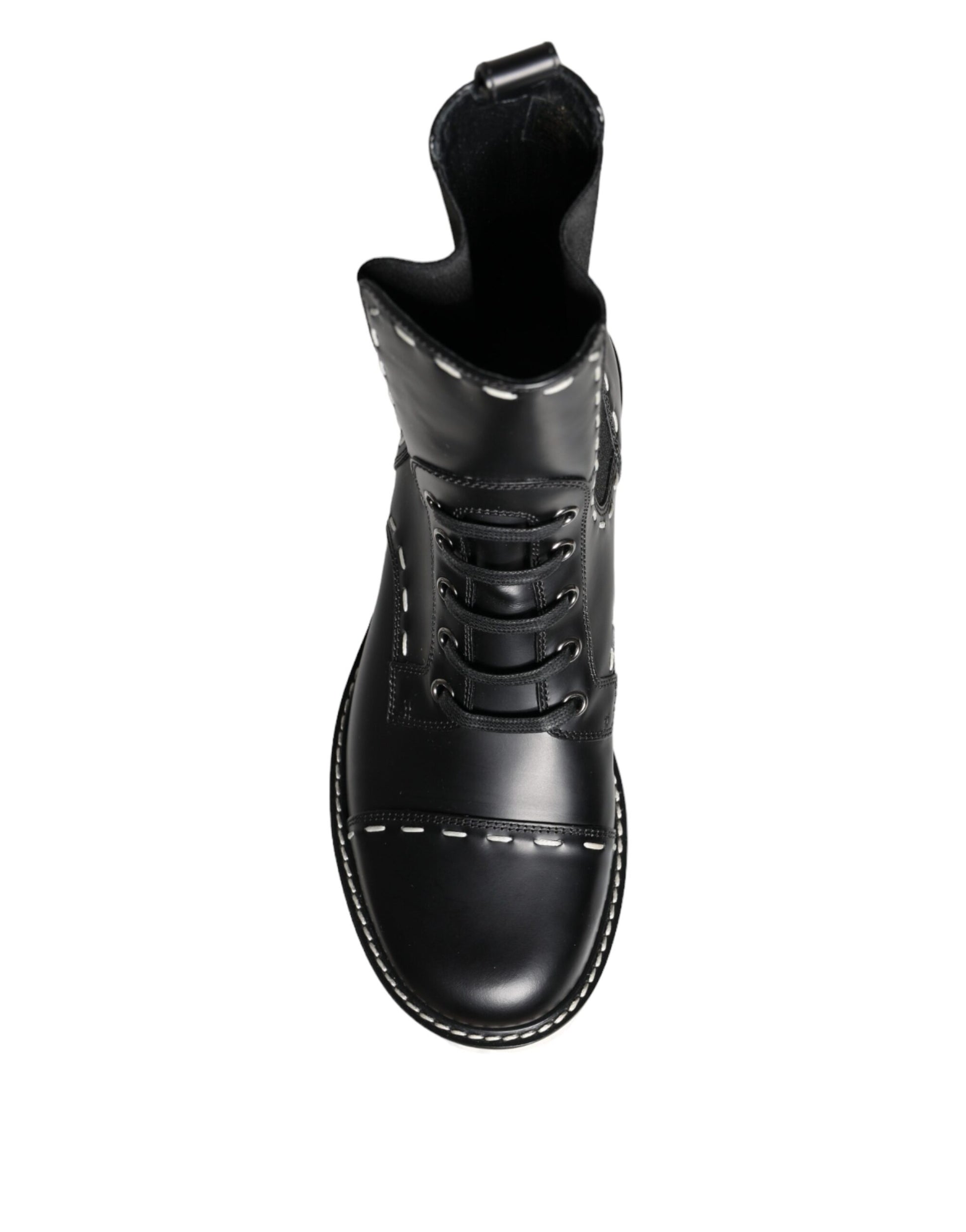 Black leather boot with laces and buckles