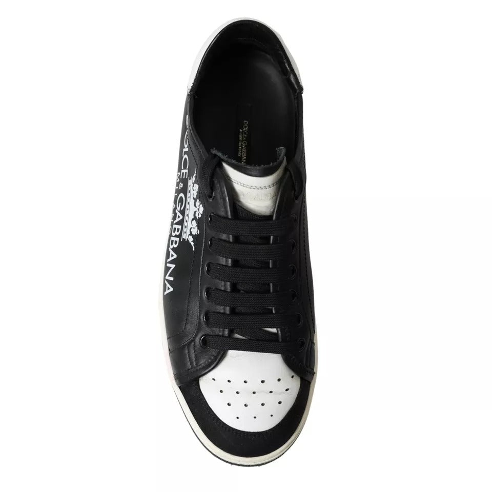 Black leather sneaker with white sole, featuring crown logo on side and back
