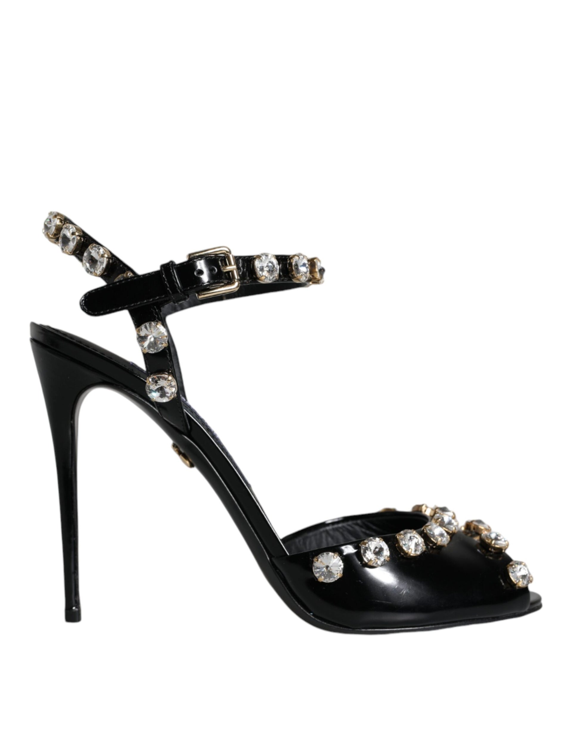 Black high heel shoe with rhinestones on toe and ankle straps