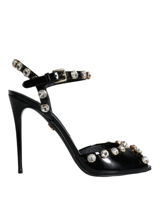 Black high heel shoe with rhinestones on toe and ankle straps