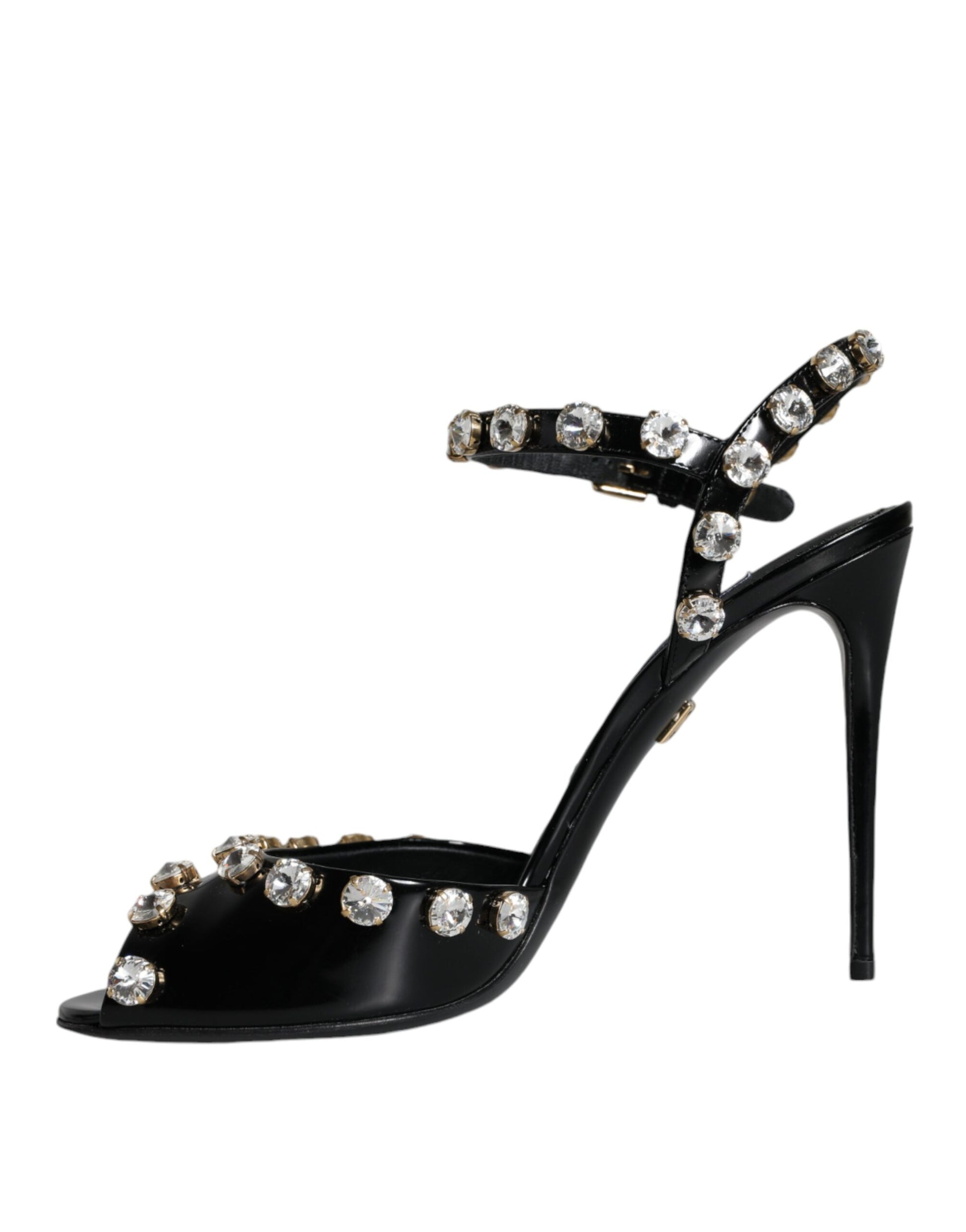 Black high heel shoe with rhinestones on toe and ankle straps