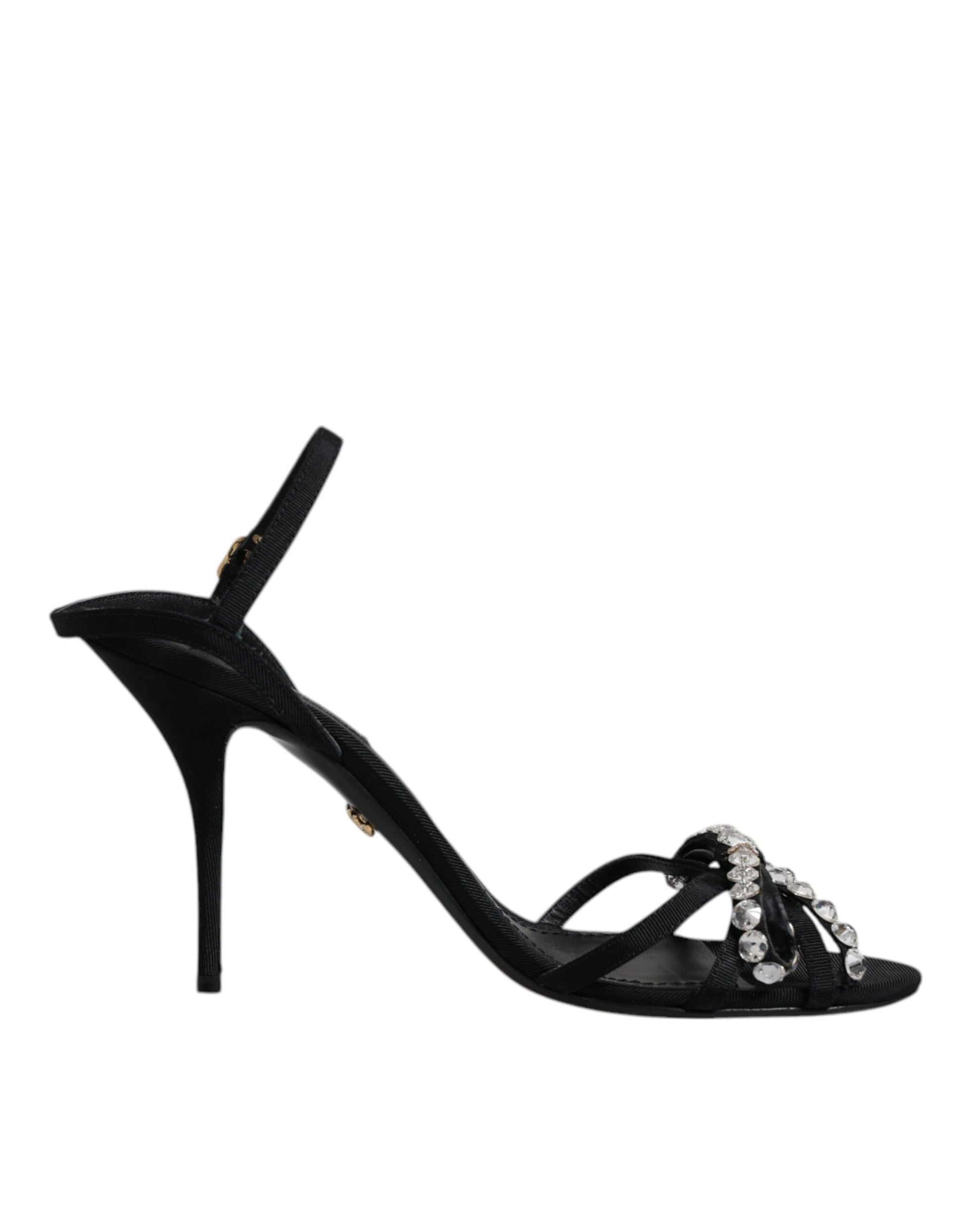 Black high heel shoe with embellishments on toe