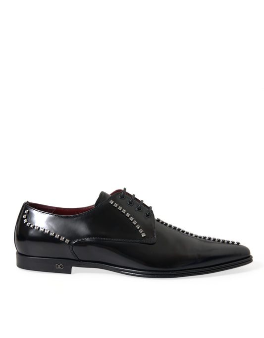 Black leather dress shoe with studded detailing on toe cap