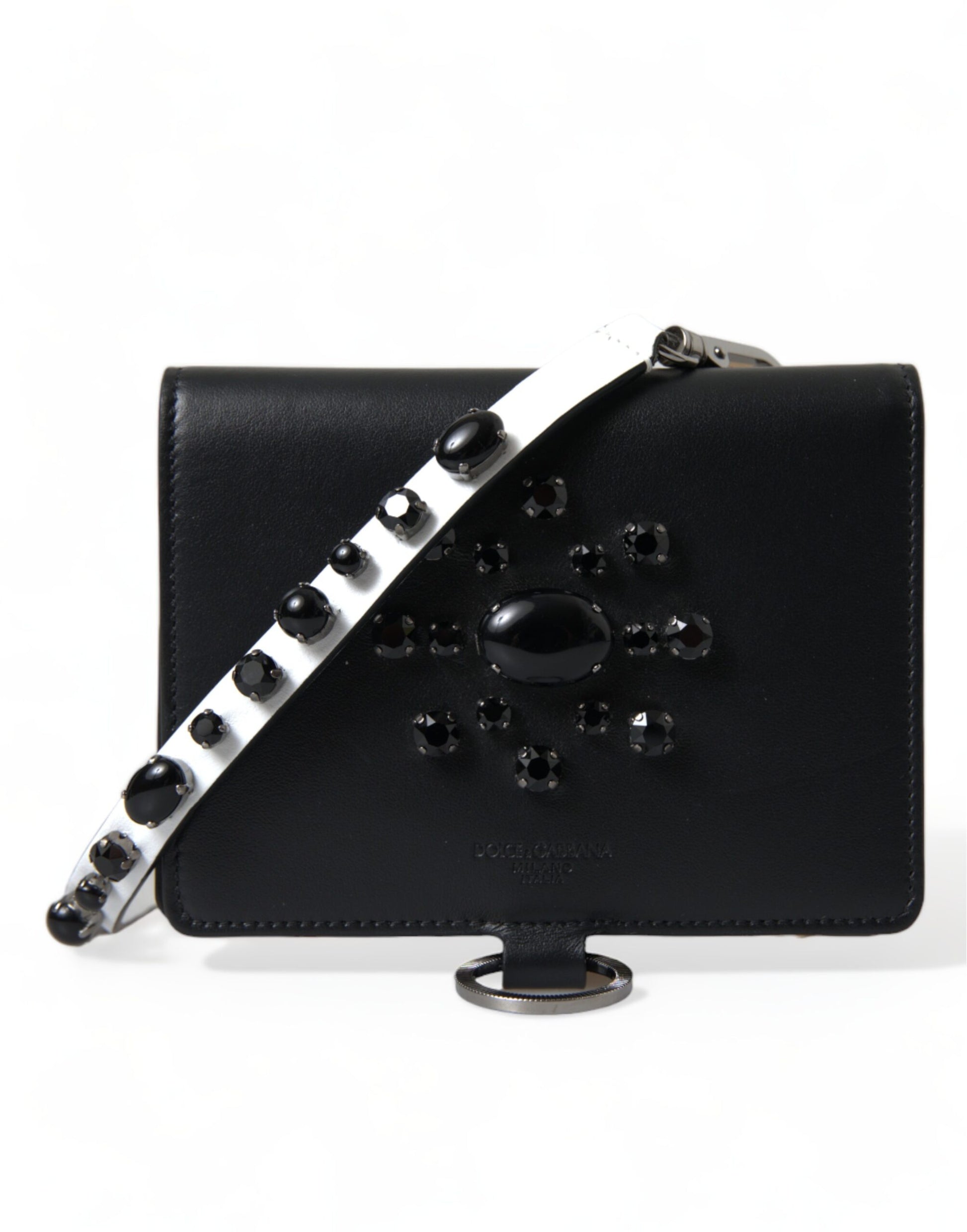 Black leather crossbody bag with black beads on strap