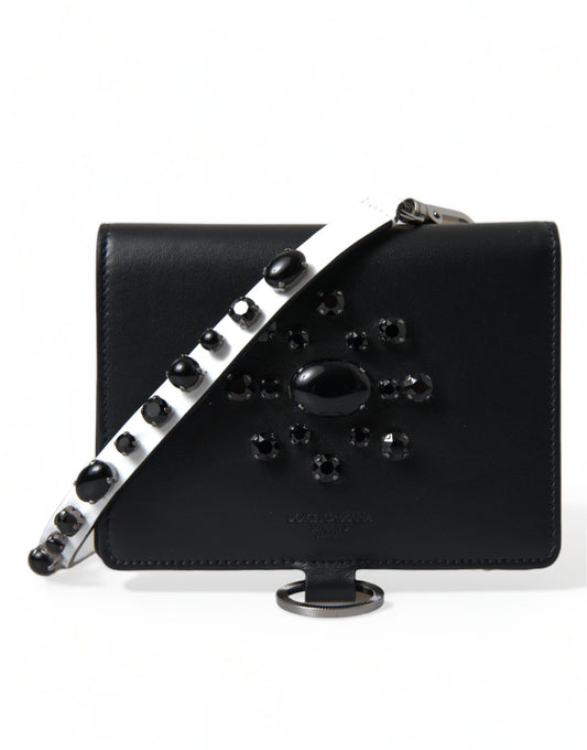 Black leather crossbody bag with black beads on strap
