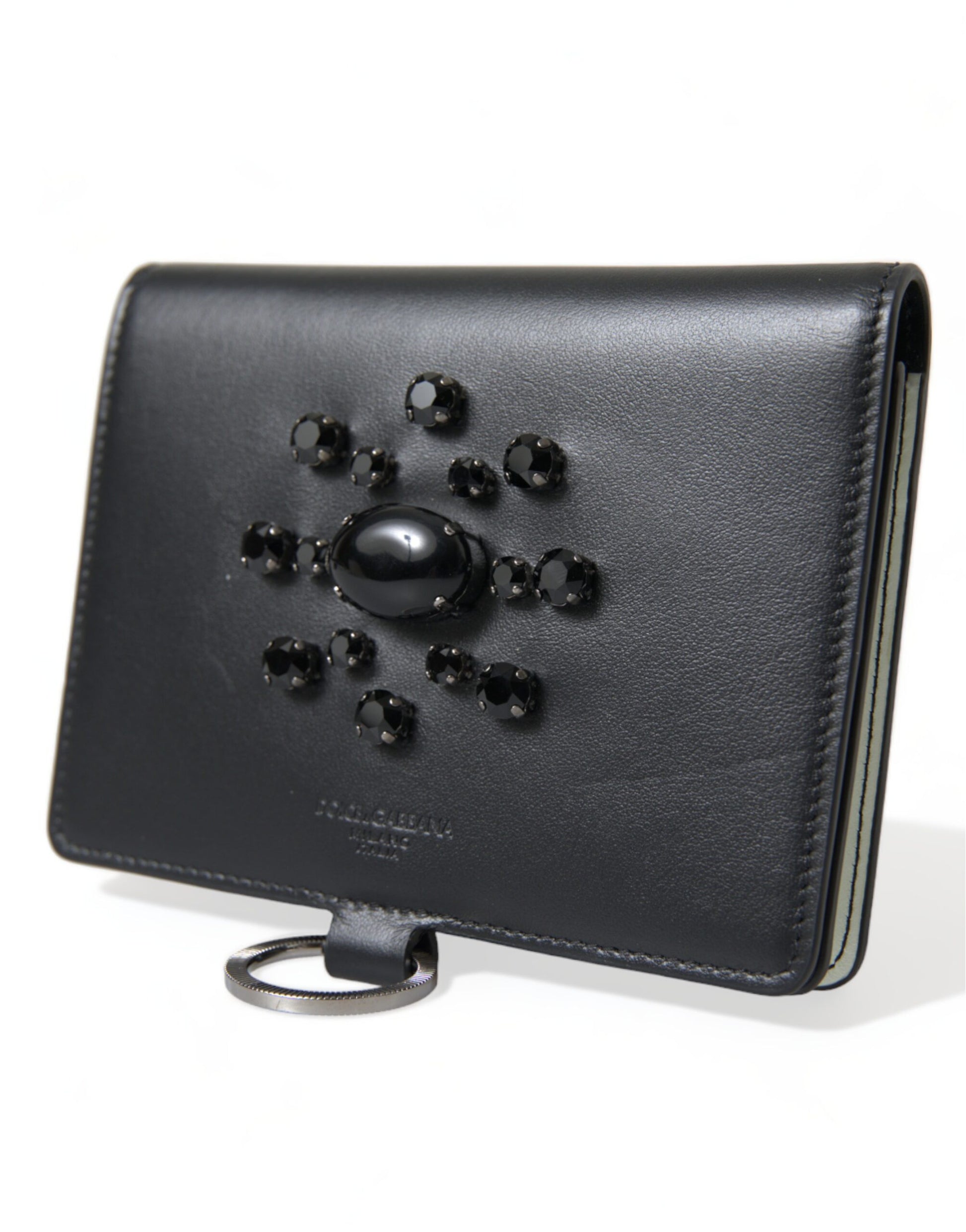 Black leather wallet with silver studs on front