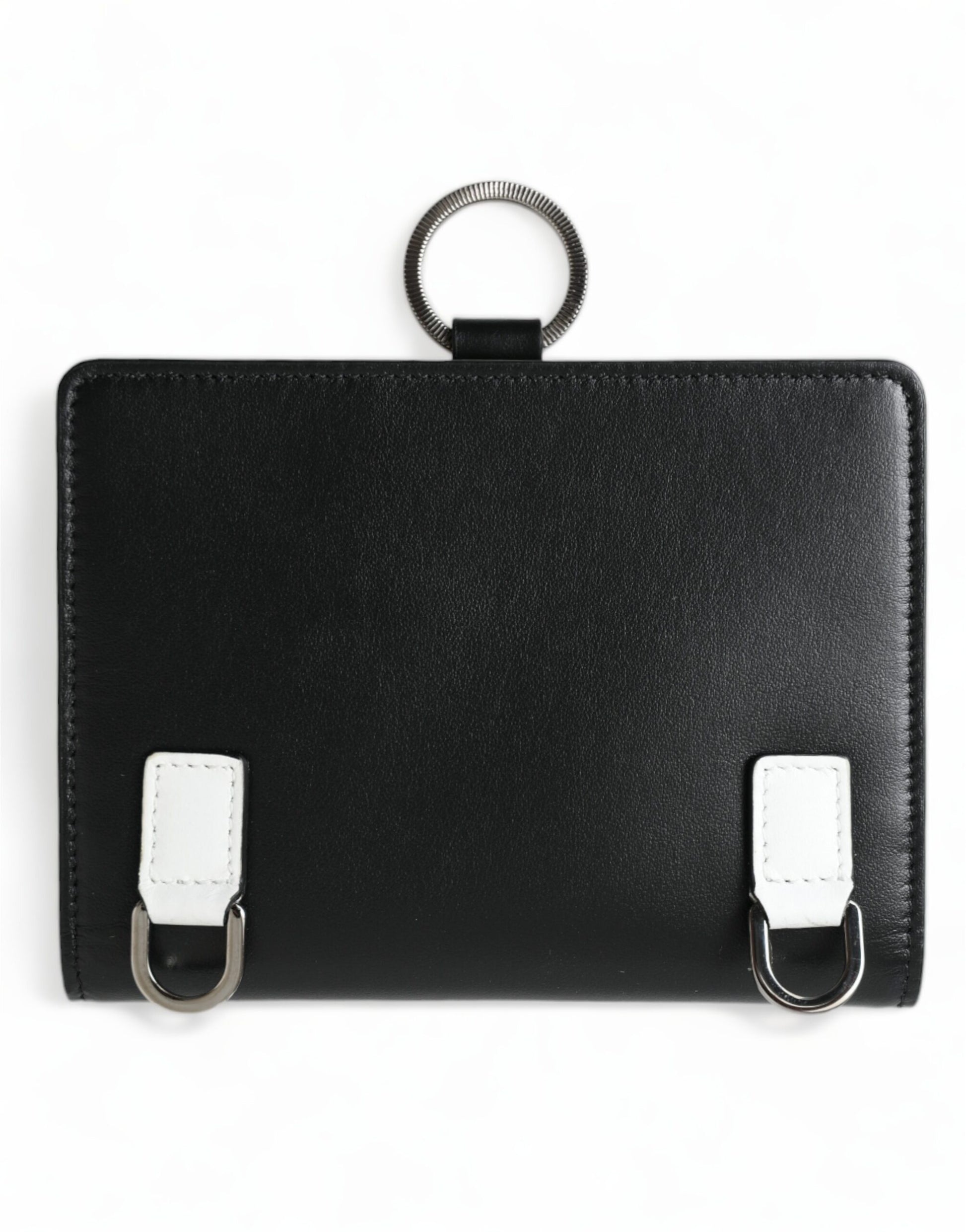 Black leather case with silver zipper and white straps