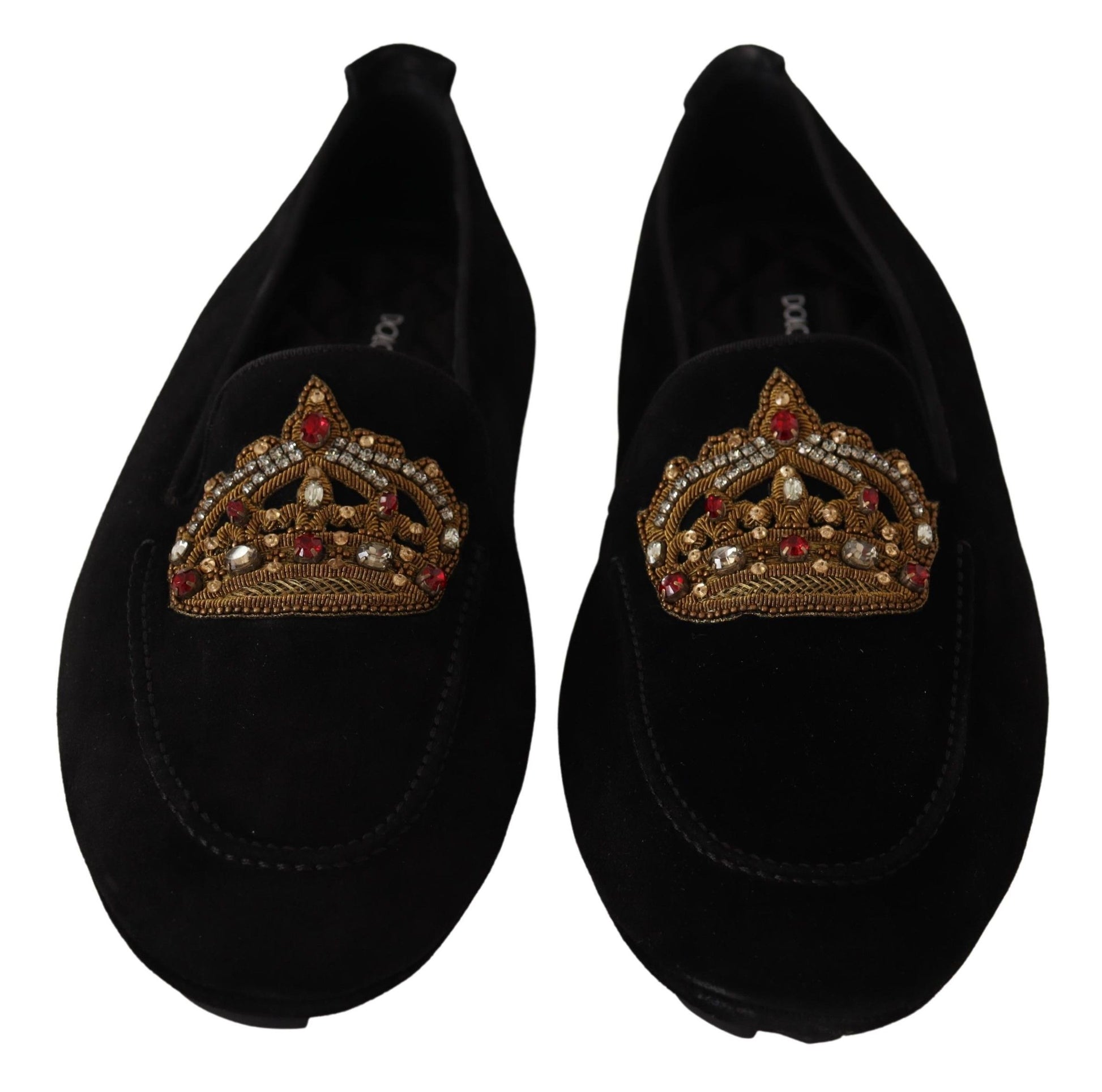 Pair of black velvet loafers with embroidered crown on top