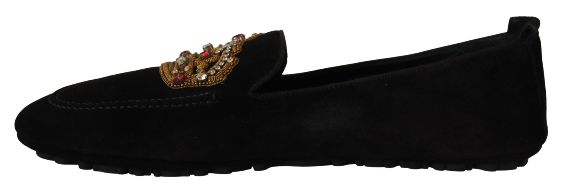 Pair of black velvet shoes with gold embroidery and a bow on top
