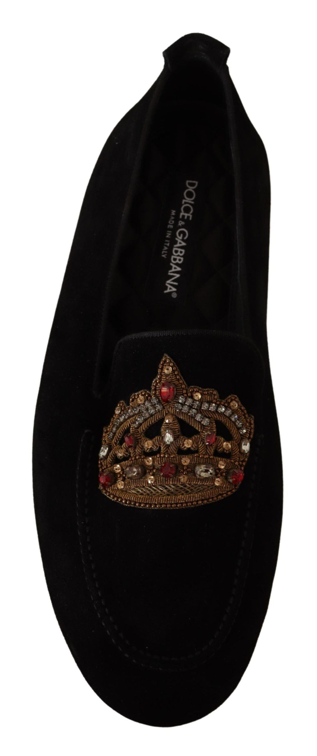 Black shoe with a gold crown embroidered on it